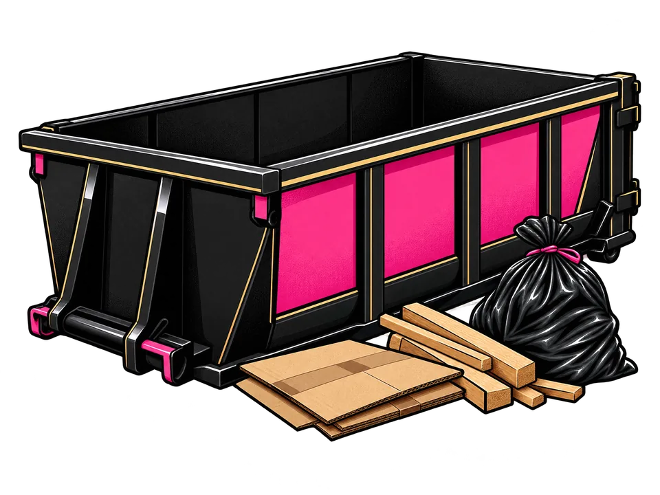 Illustrated black and hot-pink dumpster ready for a Lago Vista project