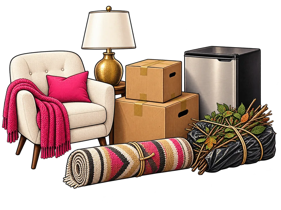 Illustrated household items arranged for junk removal pickup